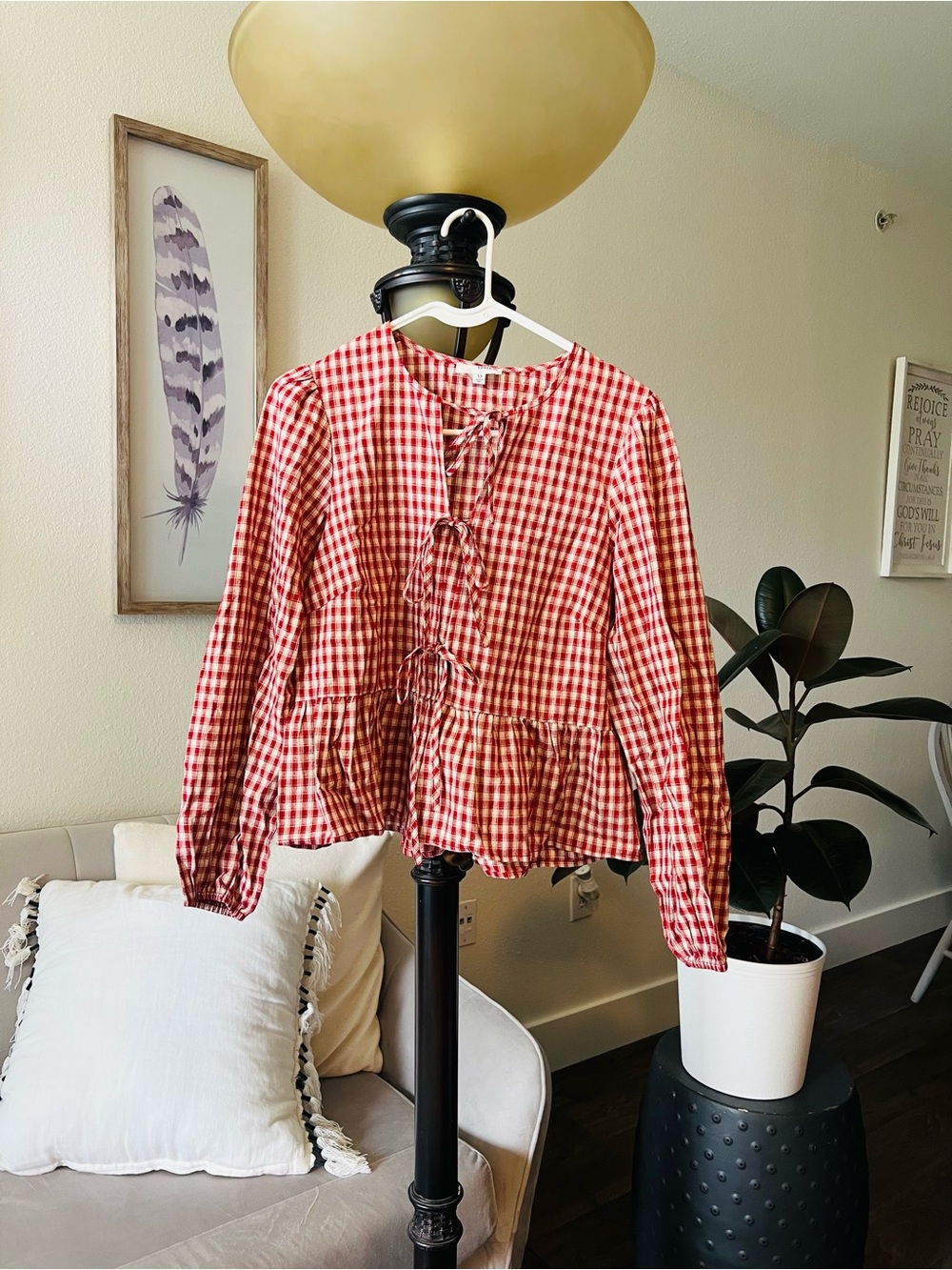 Versona Red White Gingham Peplum Blouse